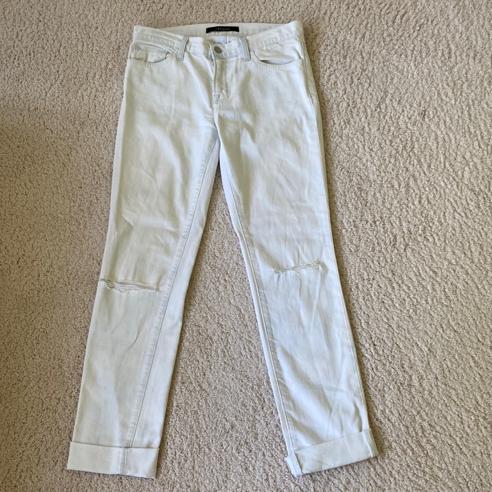 Blue Denim Washed-White Straight Leg Jeans